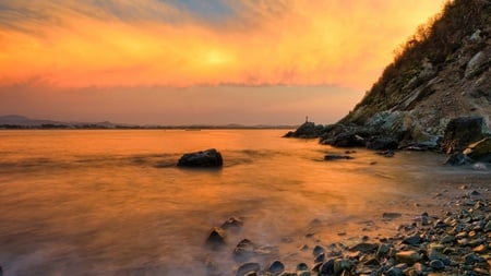 Pebble Shore - oceans, sunset, shore, pebble