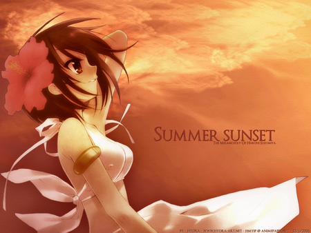 gazing at the sunset - beauty, gazing, braclet, sunset, shorthair, wind, halter dress, pretty, big eys, clouds, anime, brunette, girl, summer, slim, beautiful, thinking, words, flower