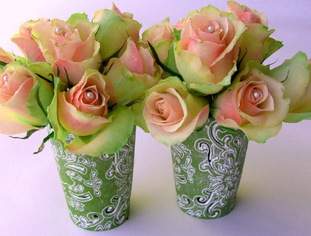 March Roses - pearls, vases, roses, pink and green, two arrangements, birthday