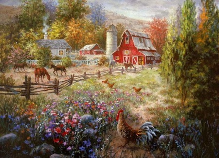 out  in  the  country - painting, farm, horse, chickens, flowers, house, barn