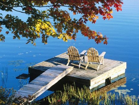 Splendid place - purity, amazing, beautiful, chairs, tree, nature, awesome, seat, autumn, serenity, lake