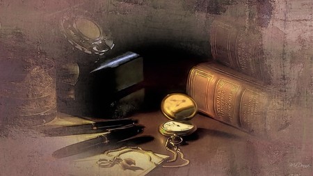 Old World Desk - telephone, renaissance, antique, pocket watch, abstract, vintage, letter openers, books, desktop, firefox persona