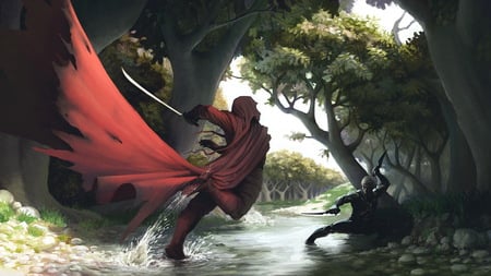 Rild and the death God - forest, wallpaper, fantasy, river, god, fight, abstract, trrild