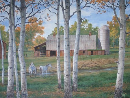 Nice Country - nice, love, sky, two, trees, country, calm, nature, white, horse, clouds, blue, green, barn