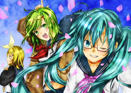 Miku, Gumi & Rin - girls, gumi, sakura petals, glasses, kagamine rin, vocaloid, anime, blue, smiling, school uniform, seifuku, hatsune miku, pletals