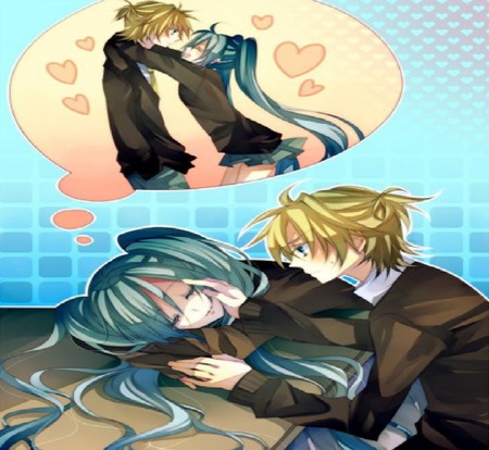 aww so cute - len, love, miku, cute, kawai