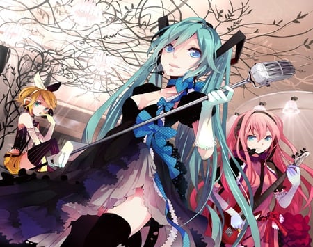 hey let get it started - luka, aqua, rin, yellow, pink, vocaloid, miku