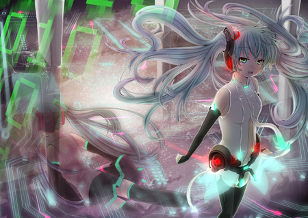 Miku Append - aqua, hot, headset, append, music, thighhighs, anime girl, white, art, cool, digital art, aqua eyes, artistic, hatsune miku, sexy, skirt, light, smoke, song, program, glow, pink, beautiful, uniform, diva, shadow, beauty, nice, cg art, twintail, singer, aqua hair, black, miku append, virtual, pretty, idol, green, miku, cute, girl, cg, hatsune, microphone, red, headphones, tie, fog, awesome, digital