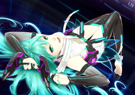 Miku Append - pretty, artistic, pink, headphones, nice, program, append, hot, thighhighs, digital art, beauty, virtual, cg, white, cute, aqua eyes, song, sexy, vocaloid, anime, blue, twintail, hatsune miku, microphone, music, aqua, art, idol, anime girl, laying, miku append, beautiful, singer, girl, cool, black, miku, awesome, diva, cg art, digital, aqua hair, hatsune, vocaloids, headset