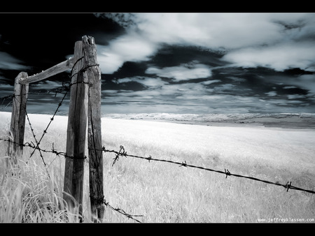 Eerie fence and field - sky, fence, awesome, field, barbed wire