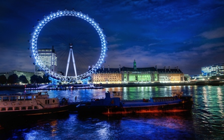 The London Eye - beauty, sky, trees, peaceful, water, ships, colorful, view, reflection, clouds, river, architecture, house, bridge, houses, england, london, buildings, lovely, skyscrapers, nature, london eye, ship, skyline, blue, beautiful, city, colors, lights