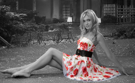 Nice Blonde - woman, female, roses, black, white, red, photo, garden, dress