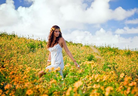 Summer Girl - flowers, female, summer, woman, model, field, brunette, sky