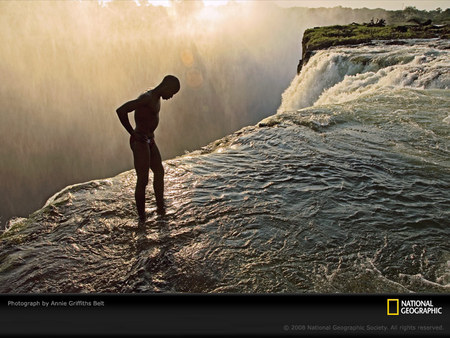 Watch your step - swimmer, mountains, waterfalls, river