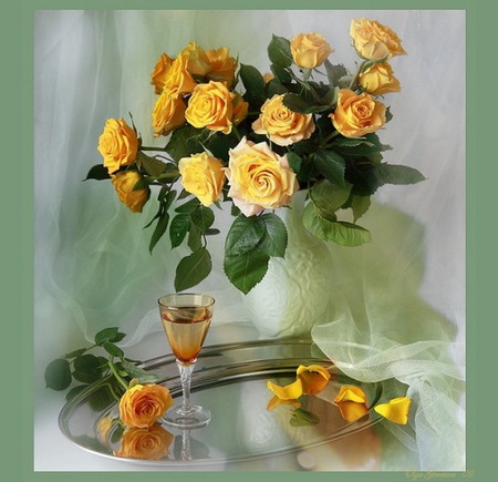 Bouquet of yellow - roses, wine, table, vase, yellow, curtain, green