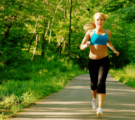 Jogger - runner, trees, woman, road, grass