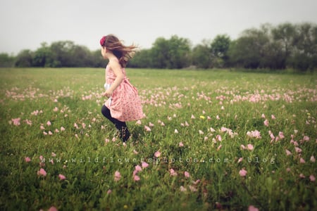 Just Having Fun - flowers, girl, field, running