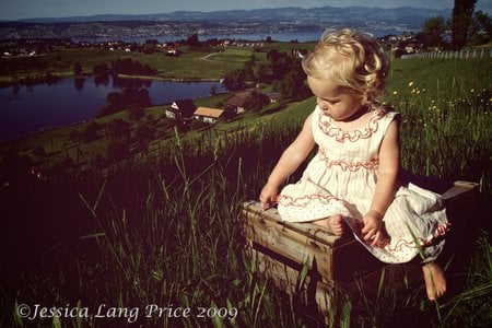 A Day Made For Dreaming - girl, little, lake, field, houses, sitting