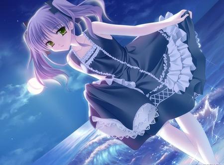 Under-moonlight - moon, anime, water, blue, beach, dress, girl, reflection, hair, fantasy, cute, nice