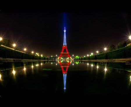 Tour Eiffel - magic, monument, blue, rivers, parisien, landscape, nights, photo, reflection, paris, red, sena, france, tour eiffel, abstract, water, beautiful, photography, beauty, colors, xiii, popular, black, river, lights, places, background