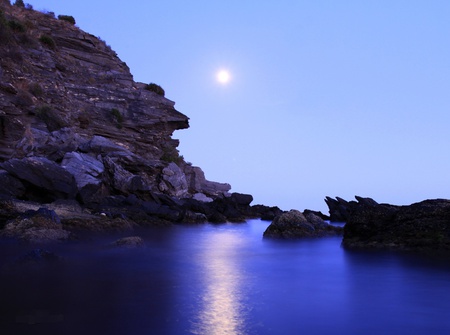 Full moon - beauty, ocean, sky, landscape, background, popular, magic, night, water, rocks, abstract, reflection, full moon, blue, beautiful