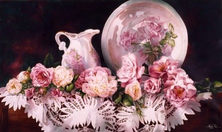 full of pinks - flowers, plate, water pitcher, cloth, table