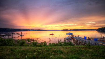 Sunset Horizon  - clouds, horizon, beautiful, skyline, grass, colorful, sunset, nature, lake, sky