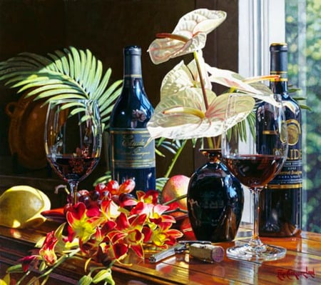 wine - window, table, flowers, fern, vase