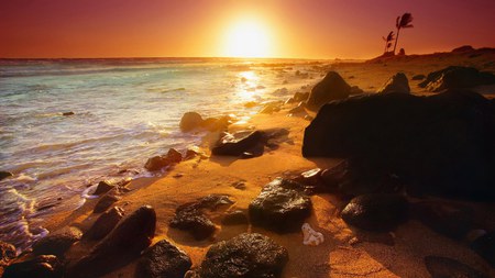 Sunset Beach - sand, rocks, beautiful, sunset, ocean