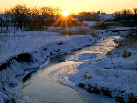 Golden snow - nature, landscape, snow, water, winter, sunset, frozen