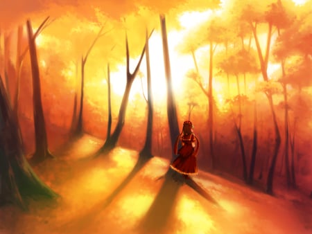 deep in the forest - sunlight, trees, anime, midforest, girl, forest, spring time, tall, sunset, shadows