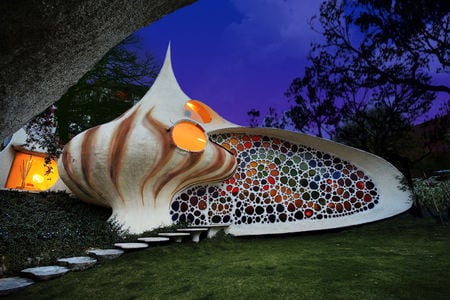 Unique home - conch shell, sky, colored glass, colorful, unique, stone path, beautiful, green, sea shell, house, shell, stones, grass