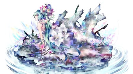 miku - eyes closed, water, flowers, anime, girl, blue hair