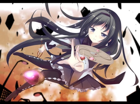 power of my staph - night sky eyes, clouds, anime, girl, long, uniform, wond, black hair, power, sky