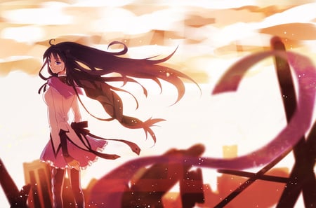 near the end!?!! - sky, long hair, wind, uniform, anime, girl