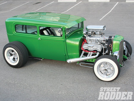 Model A Sedan - pipes, white walls, hot rod, green