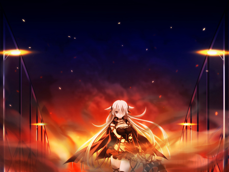 lynette vance - skirt, bloody rondo, gray hair, makita maki, weapon, long hair, game  cg, lynette vance