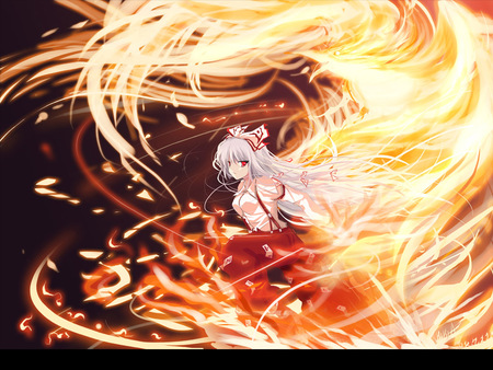 Fujiwara no Mokou - mokou, female, girl, flames, fujiwara mokou, fire, fujiwara no mokou, red eyes, touhou, white hair