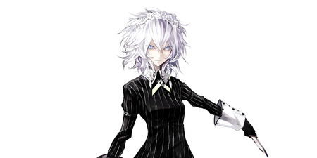 Izayoi Sakuya - dagger, white eyes, lone, girl, female, knife, sakuya, sakuya izayoi, white background, touhou, games, izayoi sakuya, anime, video games, short hair, white hair