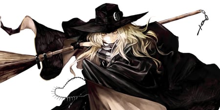 Kirisame Marisa - marisa kirisame, anime, female, long hair, touhou, kirisame marisa, hat, yellow eyes, broomstick, white background, girl, blonde hair, witch, cross, games, video games, lone, marisa