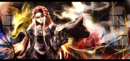 Yakumo Yakuri - female, girl, long hair, smoke, yakuri, red eyes, yakumo yakuri, touhou, games, yukari yakumo, smoking pipe, blonde hair, anime, video games