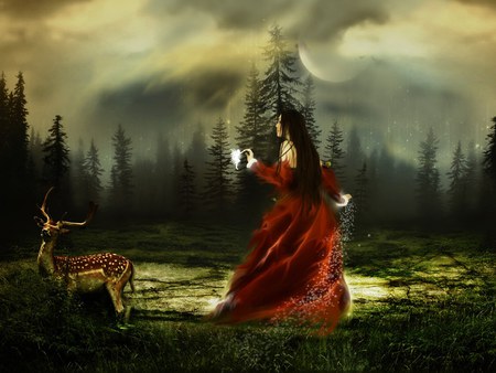 Just A Dream - woman, elf, girl, deer, fantasy, alone, abstract, forest, 3d