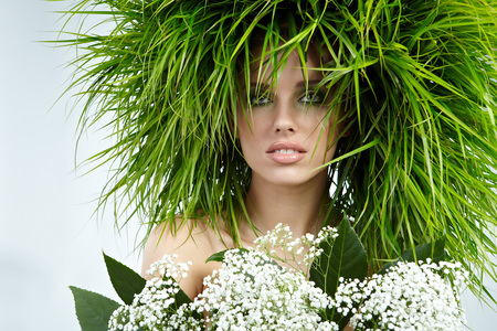 Girl - eyes, grass, photo, gentle, flowers, face, nice, beautiful, photography, girl, cool, harmony, lips, lady, green, woman, model, makeup