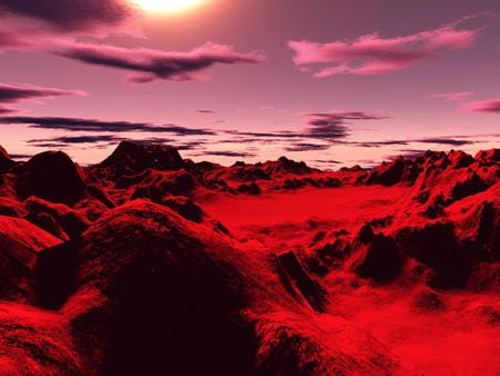 Red Planet - clouds, red, planet, stones, rocks, sky