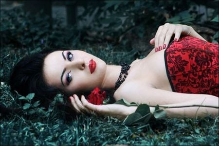 Beautiful woman - lips, photography, rose, model, red, beautiful, grass, flower, dress