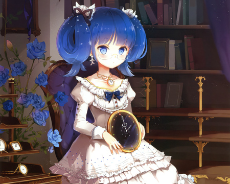 Anime - white, blue, anime, clock, books, flowers, dress