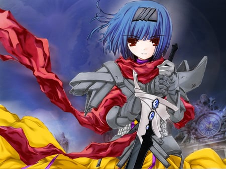 Warrior Anime - anime, warrior, blue, red, sword, night