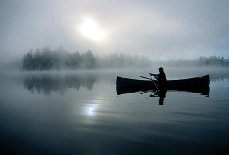 Fly Fisherman - lake, fishing, peaceful, water, bluw, mist, calm, grey, fly fishing, fog, canoe, gray, boat