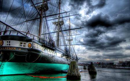 Sea-sicked...but yet still docked - sky, dock, water, wallpaper, storm, picture, ship, clouds, wall, sick, digital, sea, boat