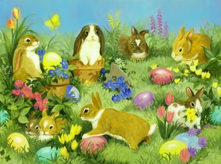 BUNNIES AND EGGS - eggs, celebration, easter, grass